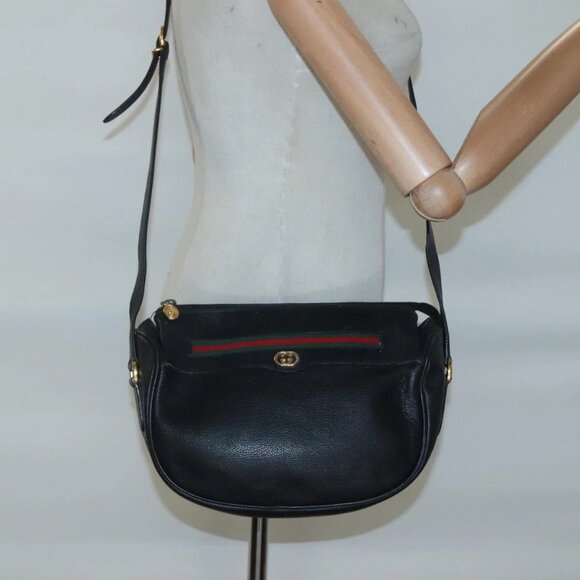 GUCCI Web Sherry Line Shoulder Bag Leather Black - Picture 1 of 16